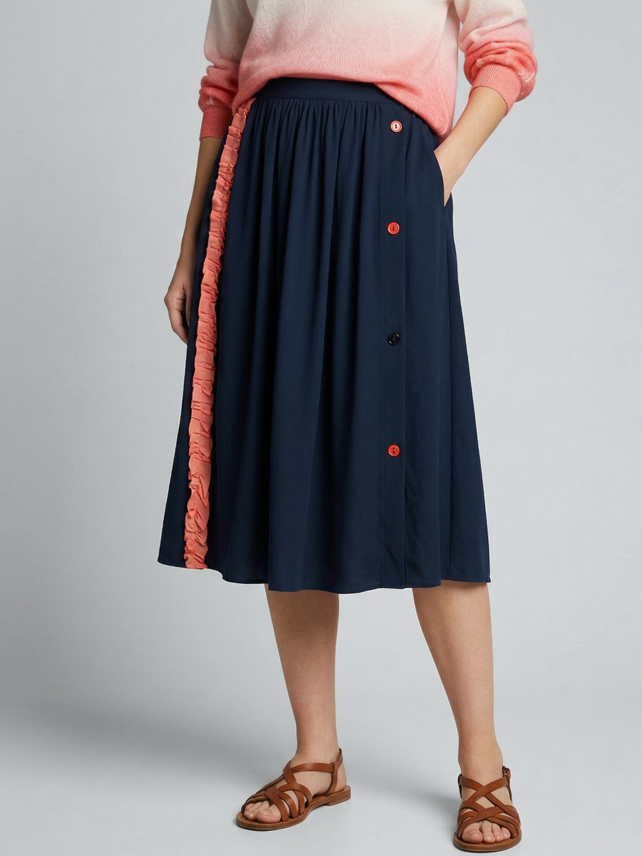 Silk midi skirt with contrasting ribbon trim