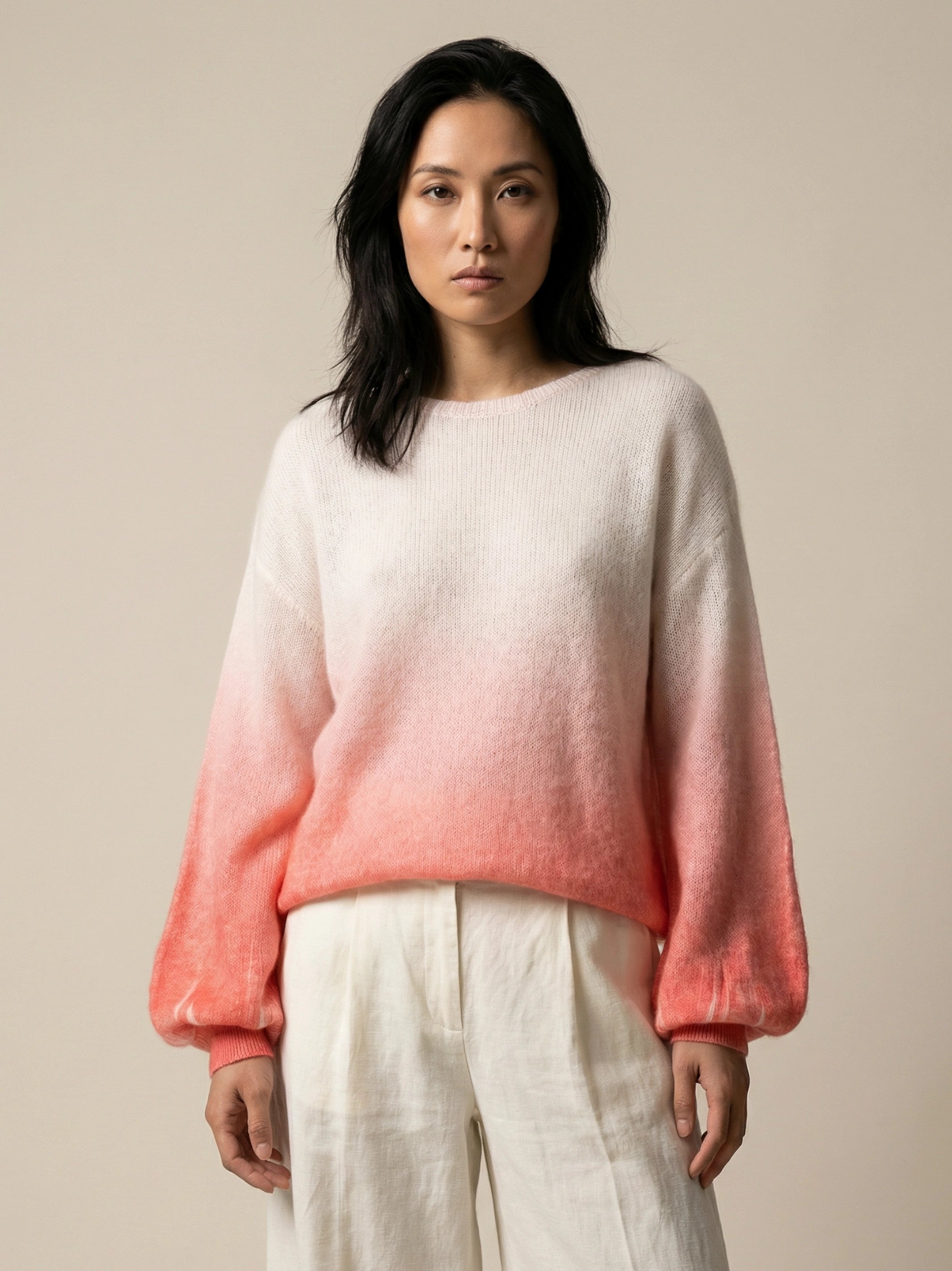 Spray dyed cashmere sweater with ballooon sleeves