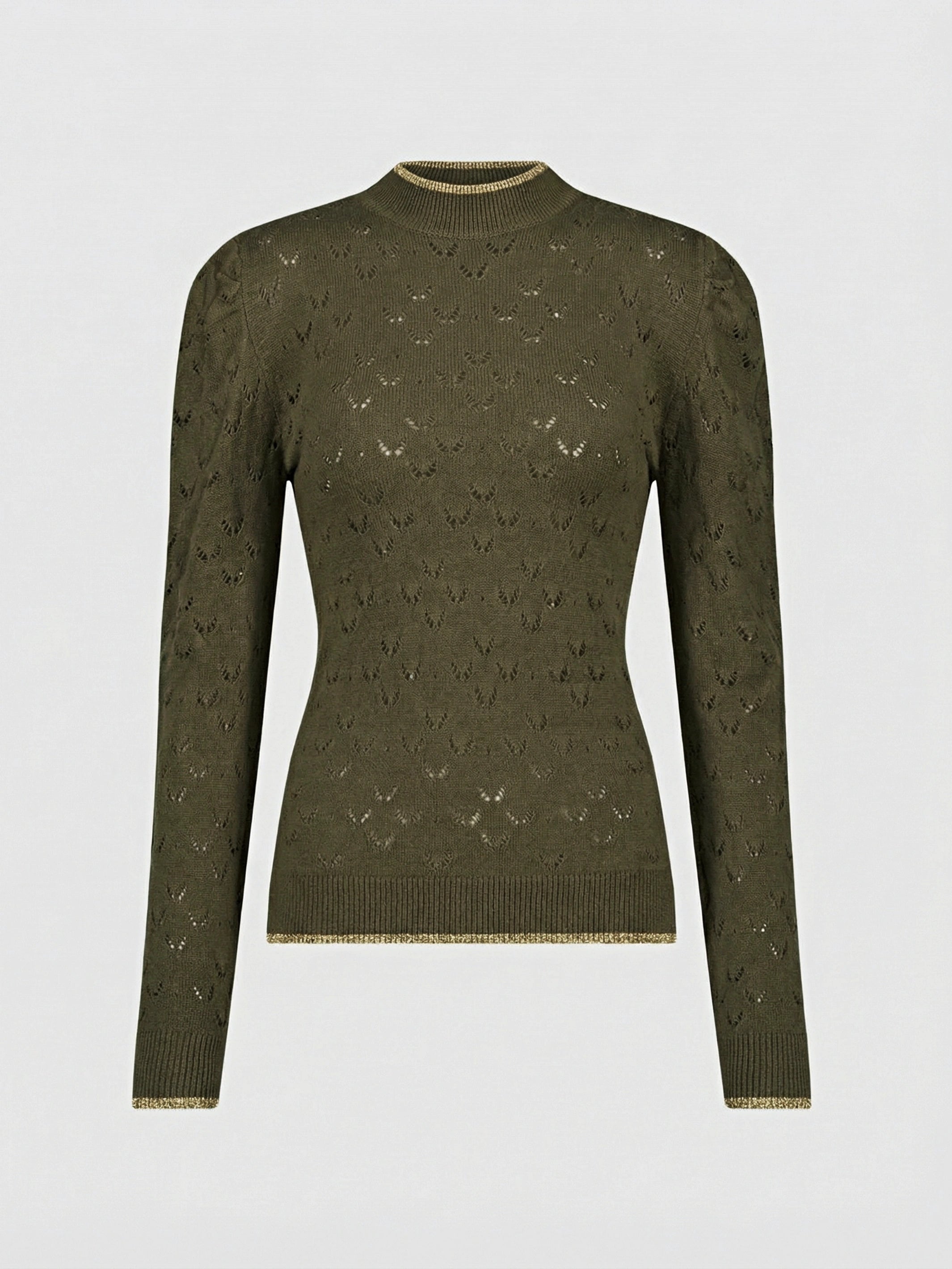 Openwork sweater with funnel collar and puff sleeves