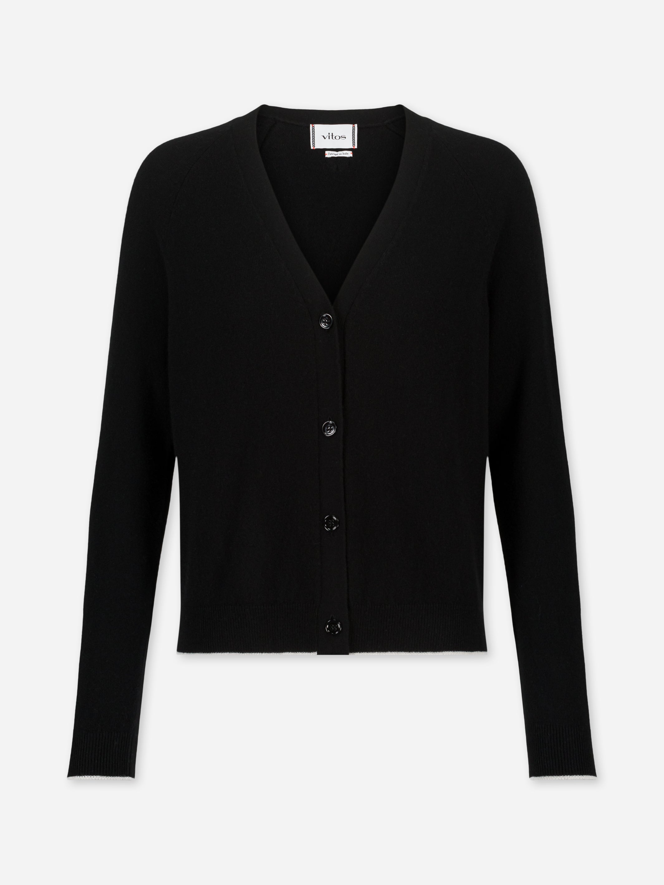 Black short cashmere cardigan with white trims