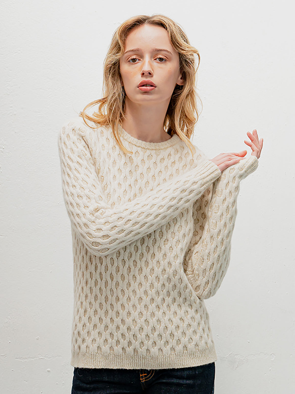 White cable knit sweater