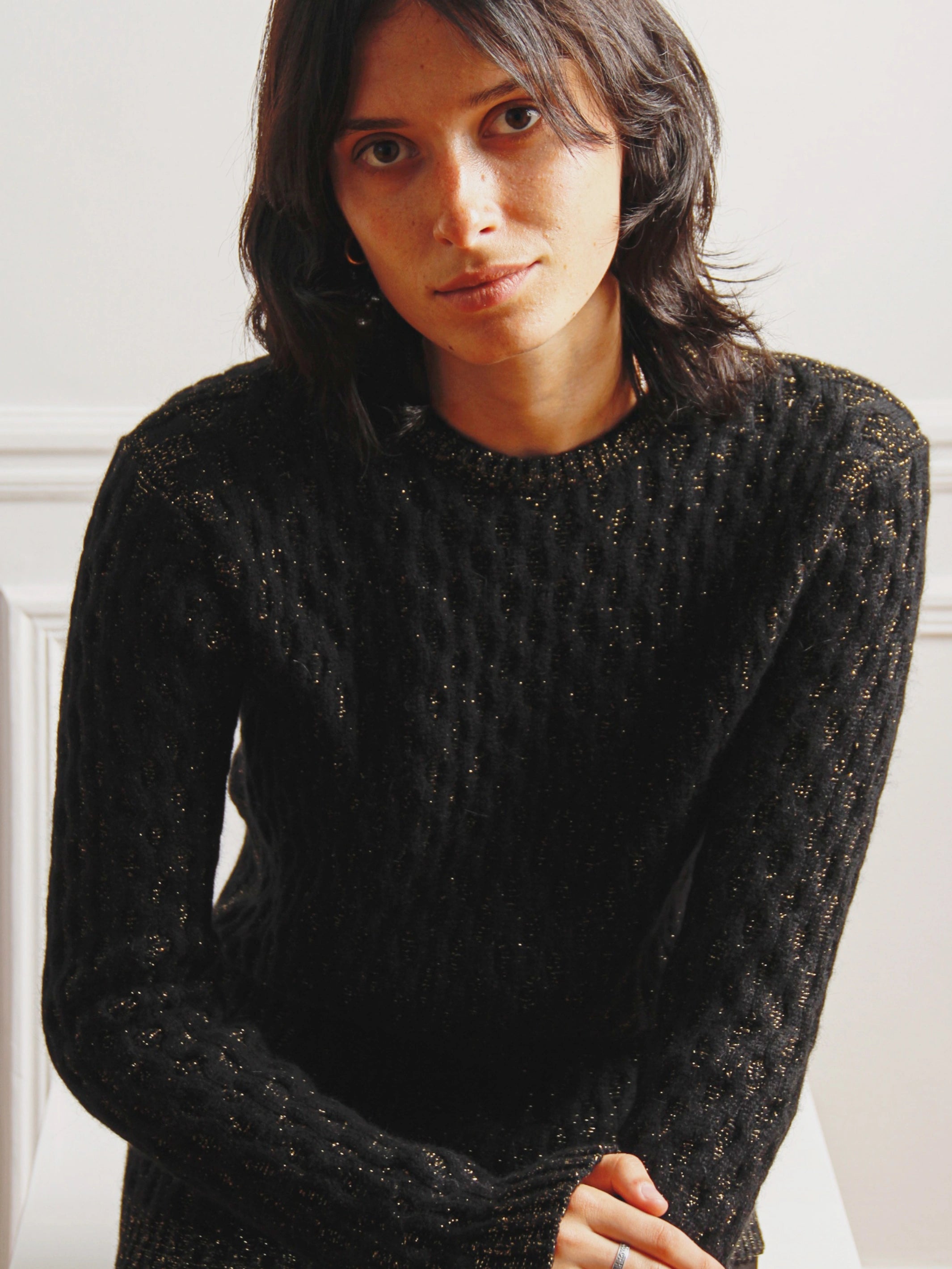 Warm black cable knit sweater with lurex