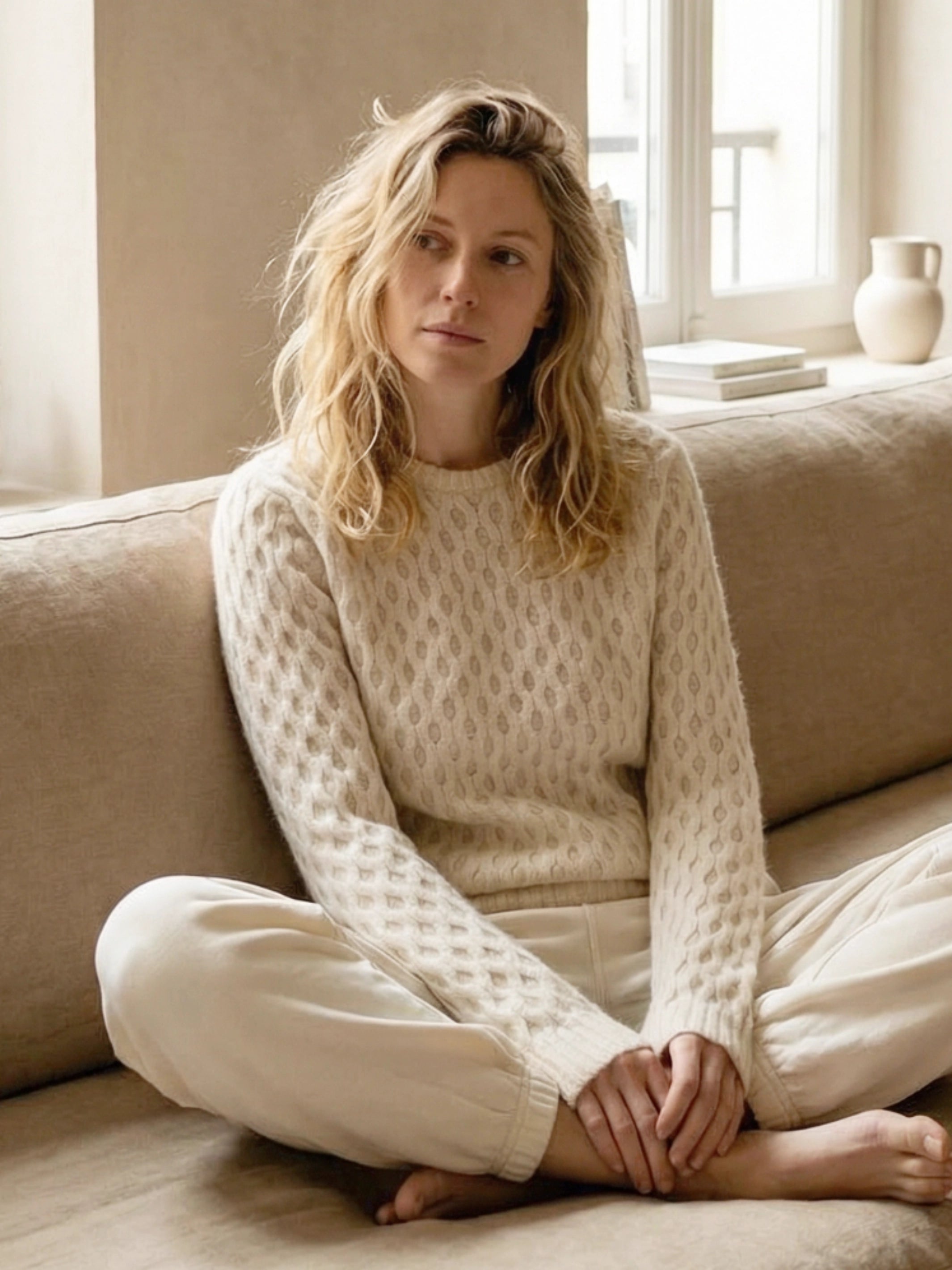 White warm cable knit sweater