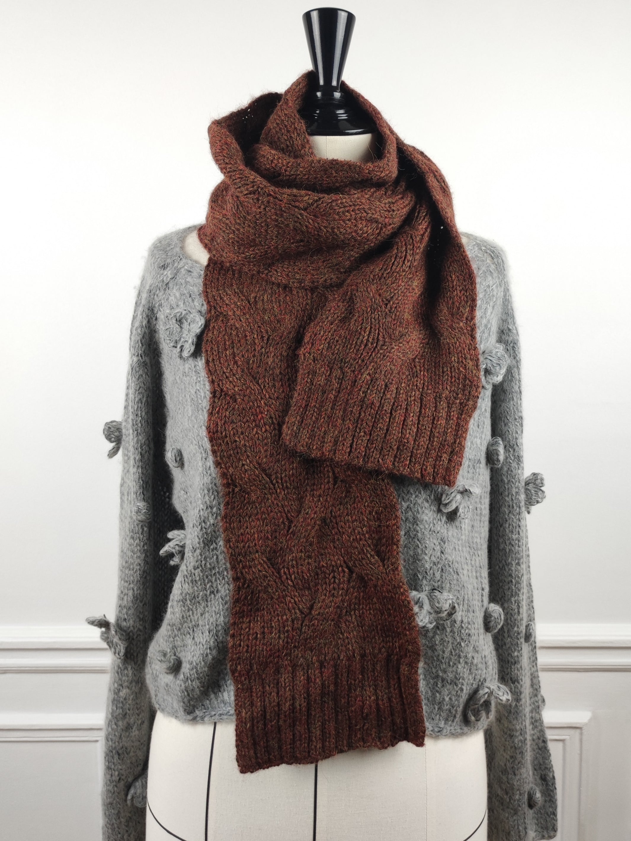Hand-knitted alpaca cable scarf
