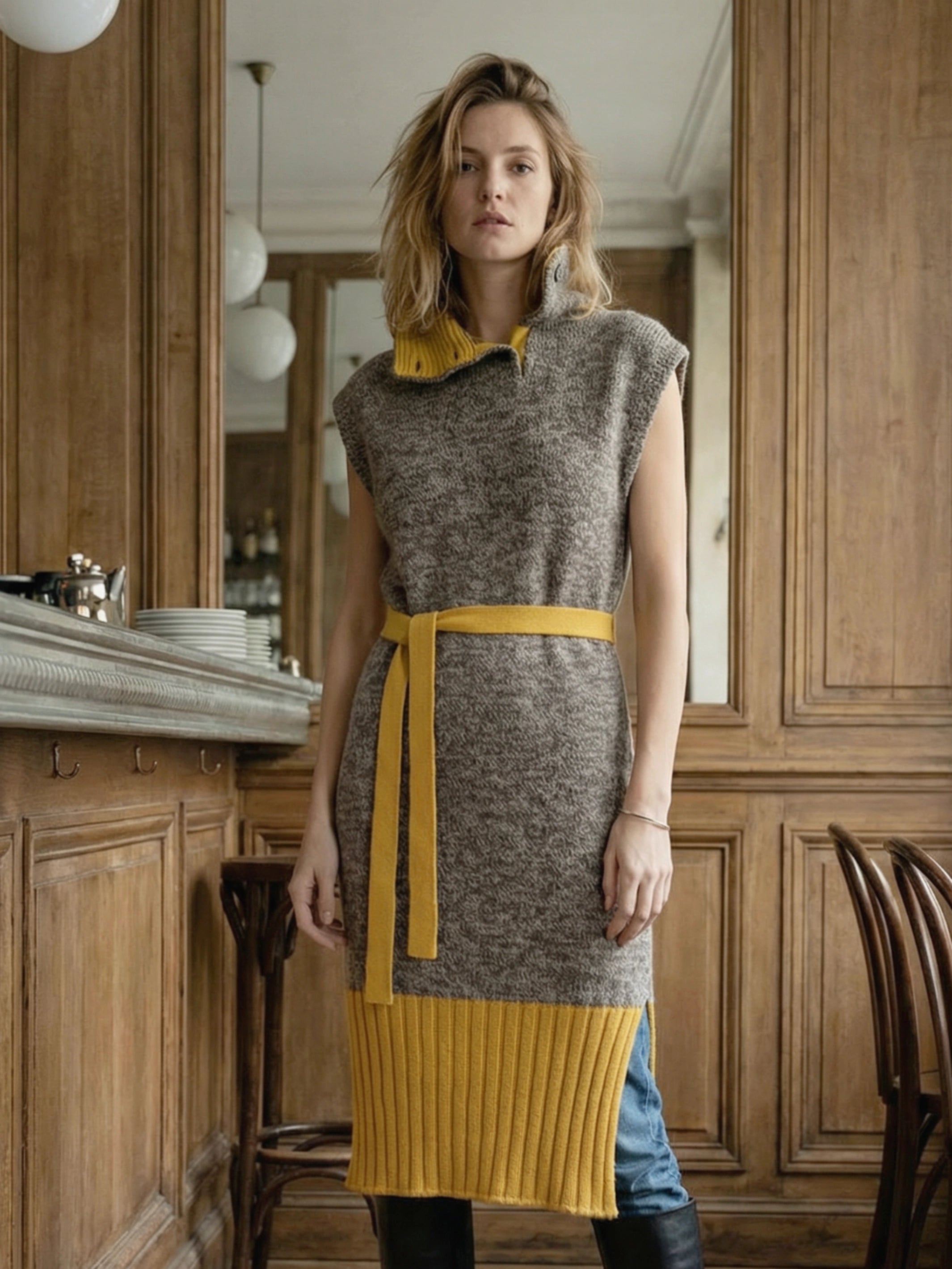Sweater Dress with color color contrast in regenerated cashmere
