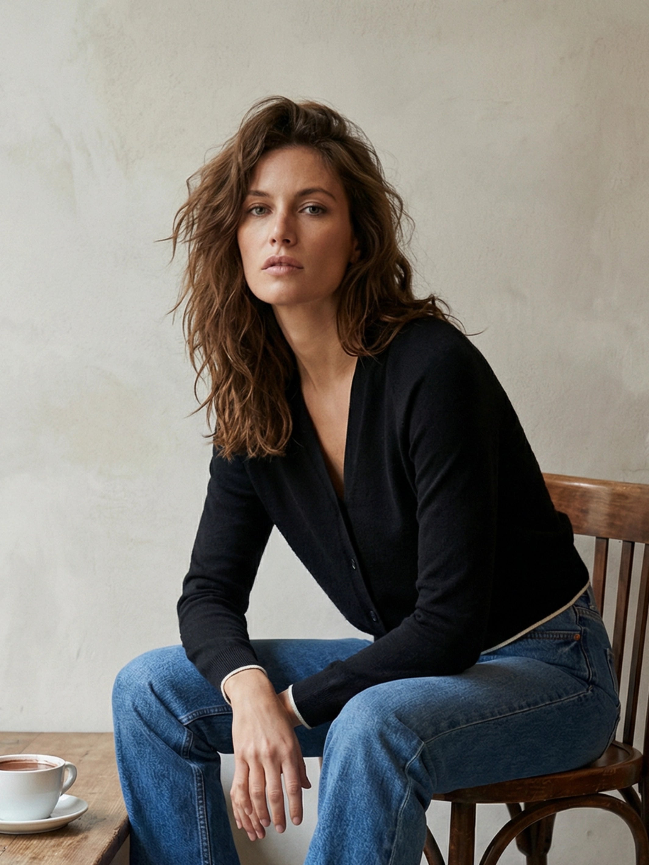 Black short cashmere cardigan with white trims