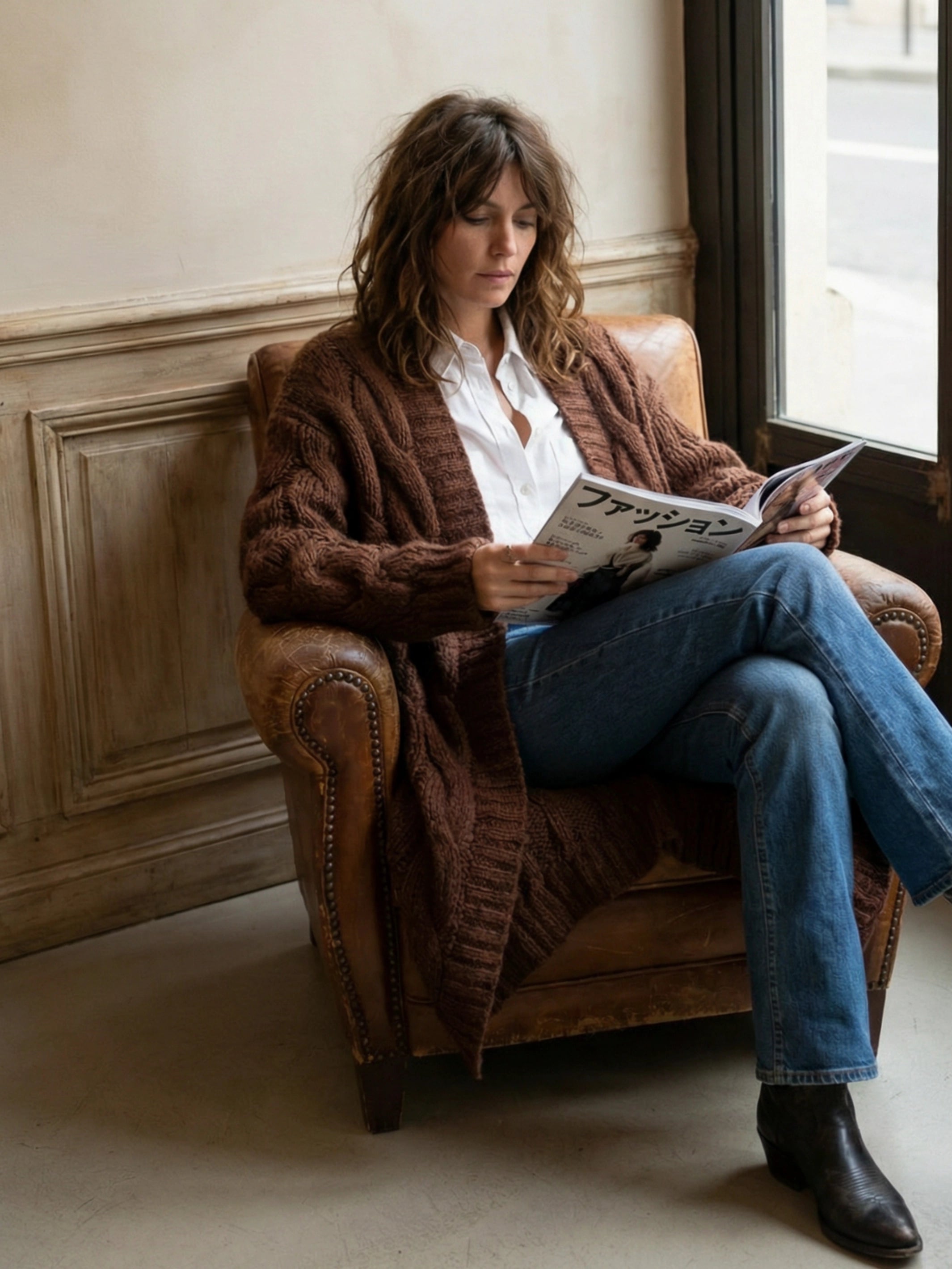 Hand-knited long cardigan in Alpaca