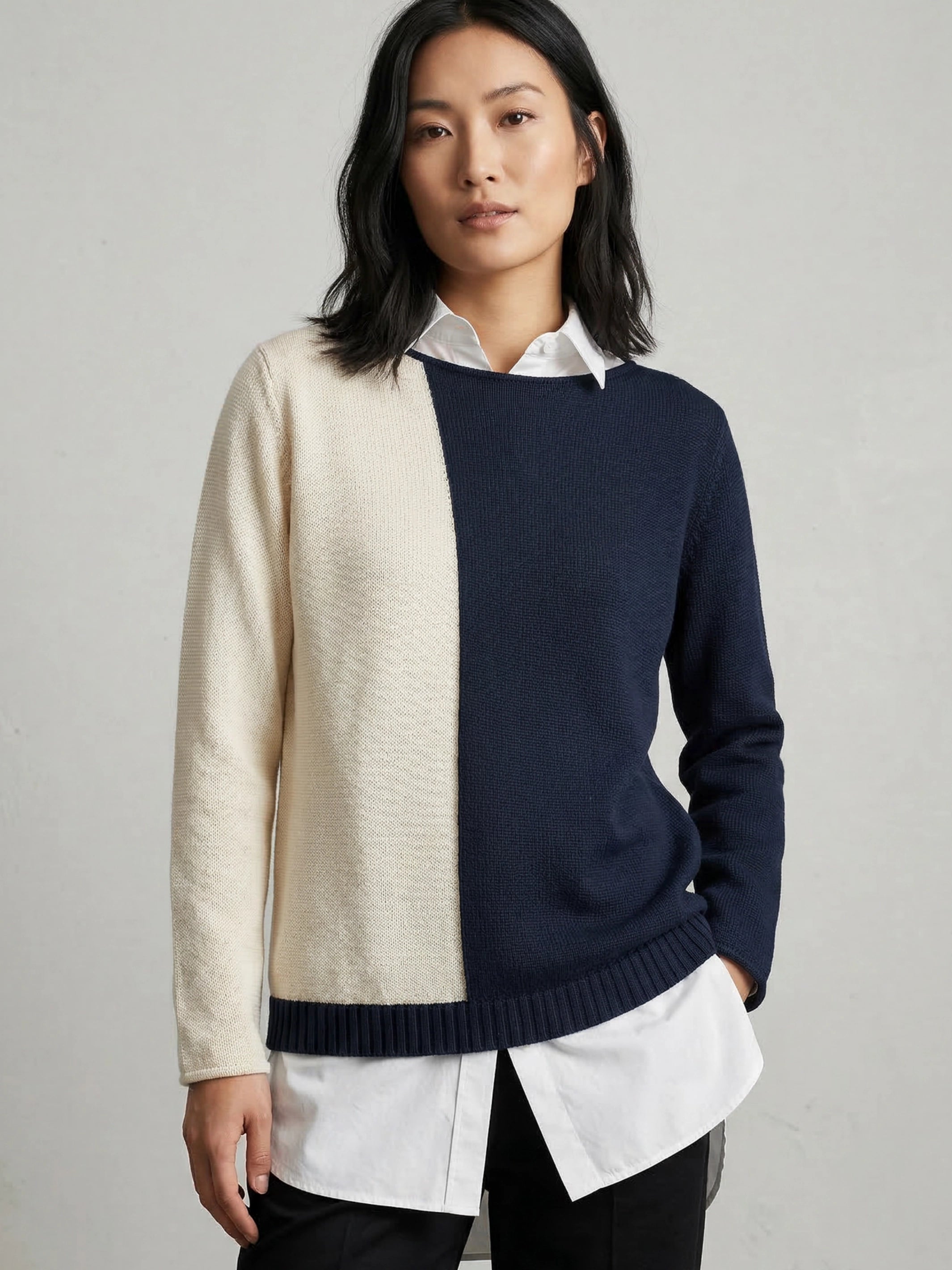 Bicolor light cotton sweater navy white