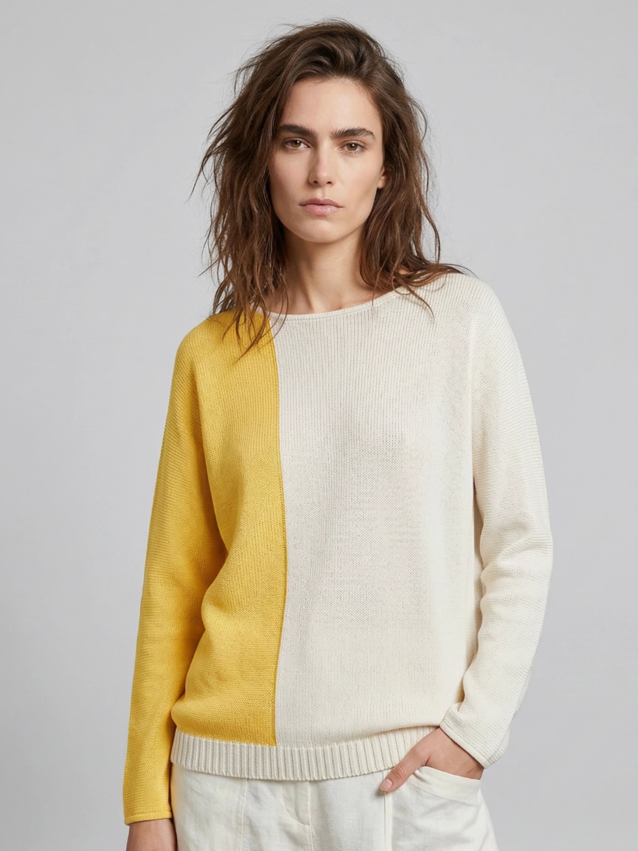Bicolor light cotton sweater yellow white