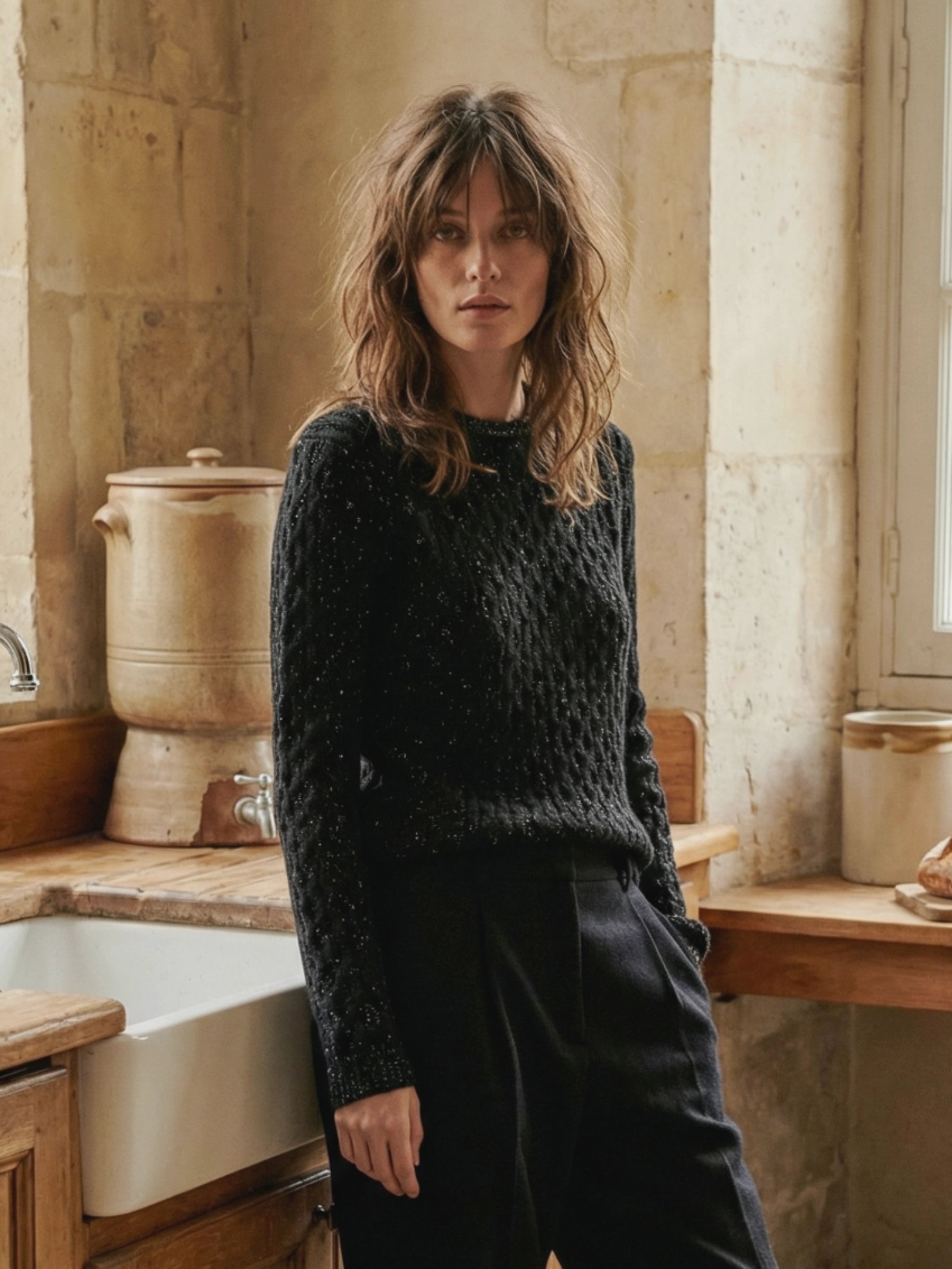 Warm black cable knit sweater with lurex